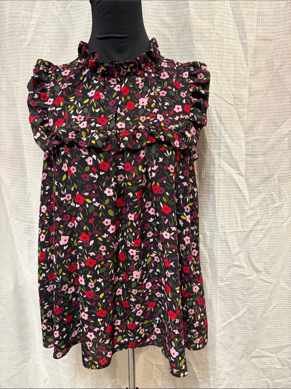 kate spade Black Floral Ruffle-Yoke Dress with Pink and Red Blooms